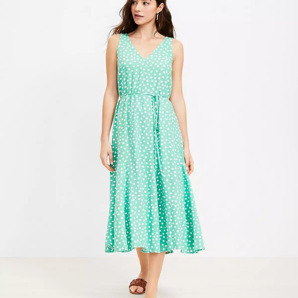 LOFT Linen Blend Swing Dress SP Green White Sleeveless Spring Summer Sun Dress